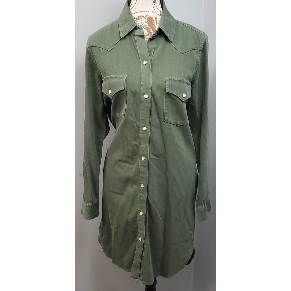 GAP Denim Western Shirt Dress Womens Small Green Flap Pockets Snap Front Y2K